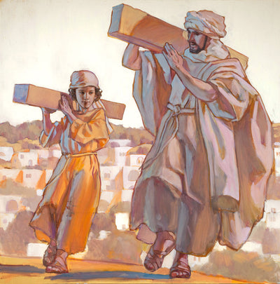 Young Jesus with his father joseph shouldering beams of lumber.