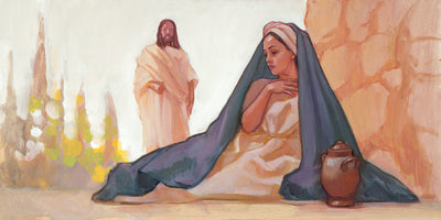Women sitting on ground next to wall with Christ approaching behind her.