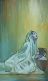 Women sitting on ground next to a pot, looking up.