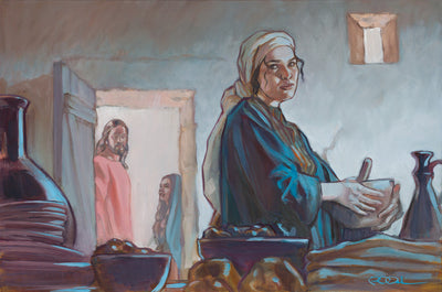 Women in kitchen while Jesus and Mary look through the door into kitchen.