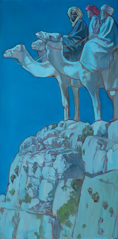 Three wise men on camels at edge of cliff look into the night.