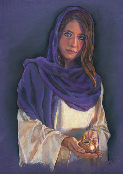 Prepared woman holding oil lamp.