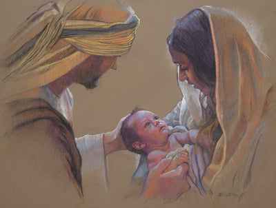 Mary and Joseph holding the new born baby Jesus.