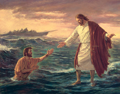 Jesus helping Peter out of the water after he doubted his faith.