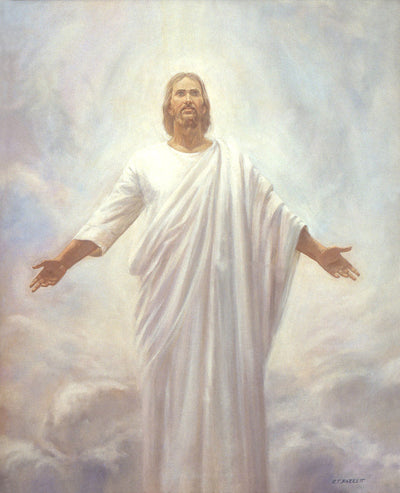 Jesus dressed in white surrounded by clouds after he was resurrected.