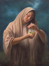 A women holding a small plant in her hand meaning dont let go.