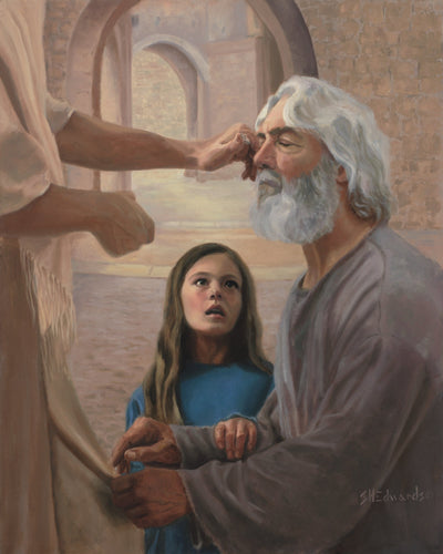 Jesus healing a blind man while a young girl watches.